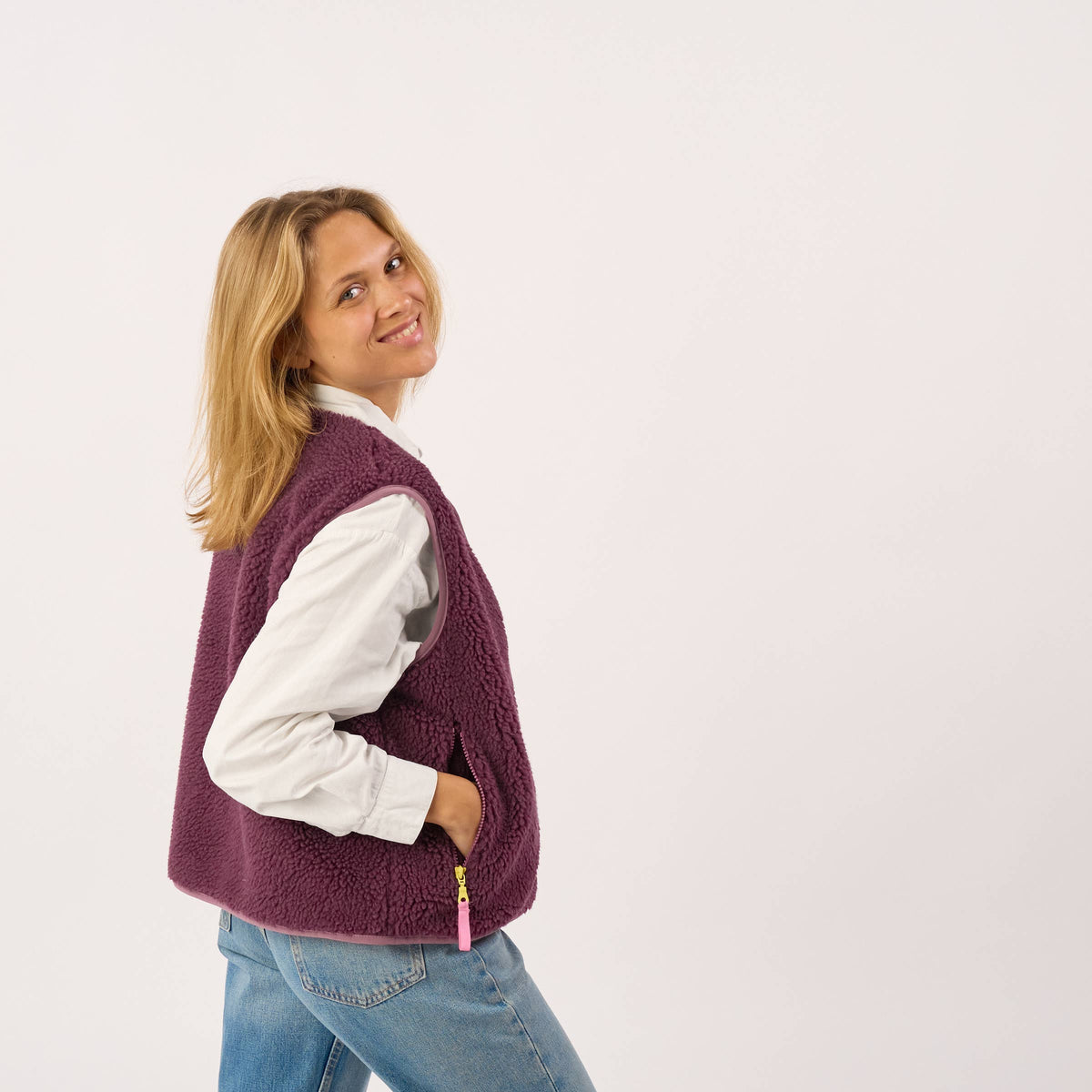 Chaleco sherpa de mujer con cremallera sin mangas - Ciruela